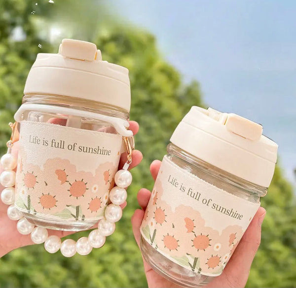 Thermal Mini Coffee And Water Bottle, Portable Glass Straw Cup, Dual Drinking Pearl Bracelet Cup