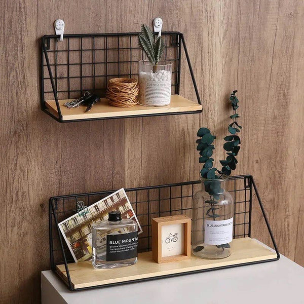 Set Of 2 Versatile Floating Wooden Shelf, Nordic Style Iron Wall Dormitory Stand, Multipurpose Home Organization Rack, Iron Kitchen Bathroom Shelf, Black Wire and Natural Wood Shelf, Home Decorative Hanging Grid Basket, Wall Art Shelve Flower Pot Stand