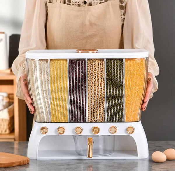 6 Compartment Cereal Dispenser Storage Organizer, Large Food Storage Container For Grains, Household Barley Nuts Corn Storage Box