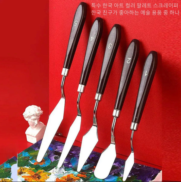 5Pcs Stainless Steel Oil Painting Knife, Wooden Handle Art Tools, Color Mixing Spatula Palette