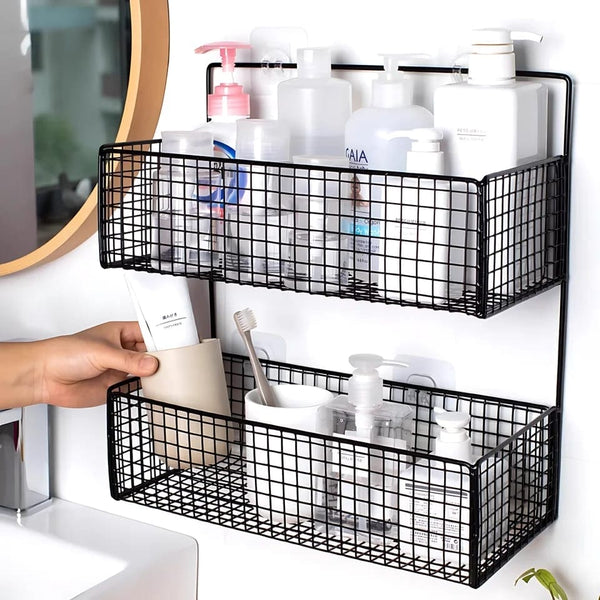 2 Layer Shelving Basket, Wall Mounted Bathroom Rack, Multifunctional Toiletries Organizer, Free Punch Condiment Storage Basket, Kitchen Wall-mounted Storage Basket