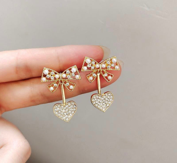 Bow Heart Drop Earrings For Women, Cute Trendy Design Earrings, Crystal Golden Earrings