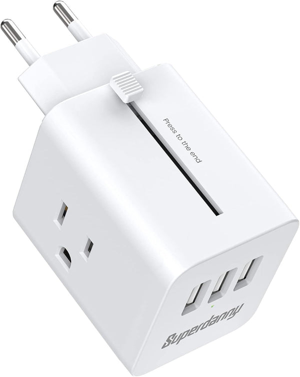 European Travel Plug Adapter, Retractable Plug, 3 USB Charger Adapter