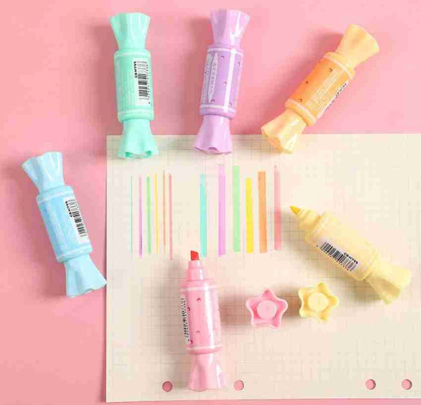 6pcs Mini Candy Shape Color Highlighters, Cartoon Candy Doodle Line Drawing Pen, Sugar Candy Color Highlighters