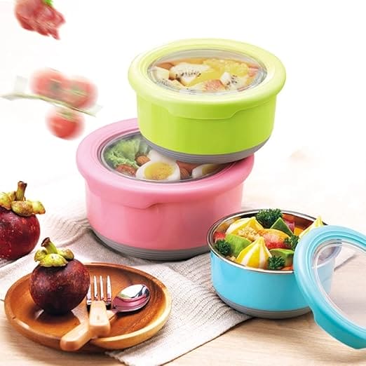 Set Of 3 Bento Bowl, Stainless Steel Round Food Container, Portable Leakproof Lunch Box, Food Silicone Bento Lunch Box For Kids, Instant Noodle Bowl Food Container, Collapsible Food Container with Lid, Stainless Steel Non-Slip Crisper