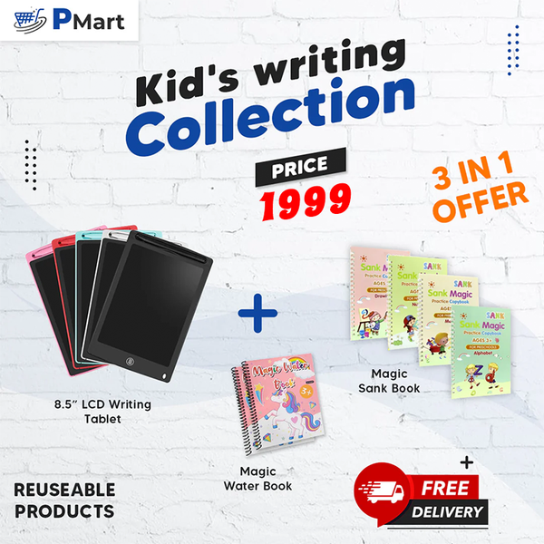 TRIPLE DELIGHT DEAL - LCD TABLET | PRACTICE BOOKS | MAGIC WATER DRAWING BOOK